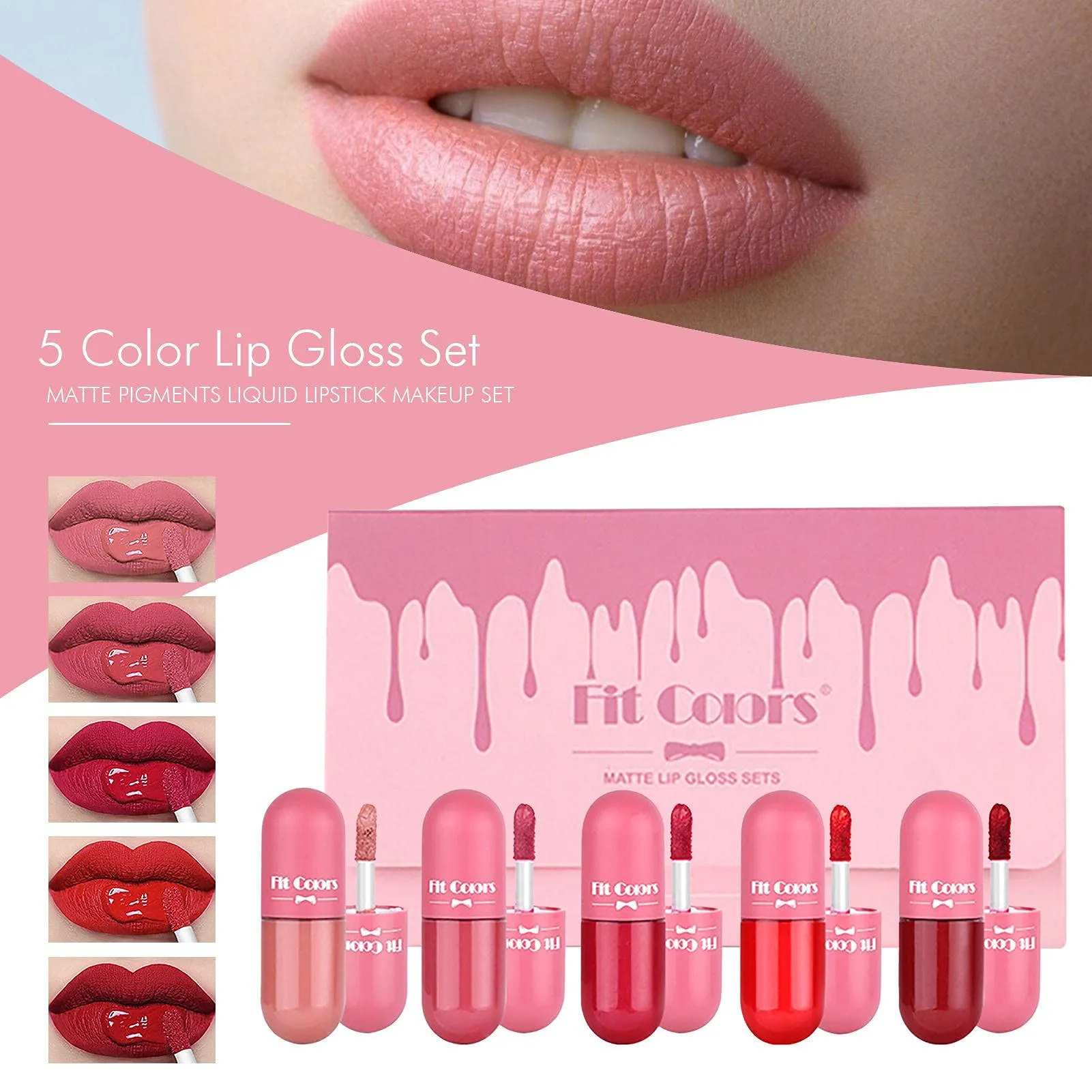 Fit Colors - 5pcs Mini Capsule Lipgloss Set Waterproof & Long-lasting